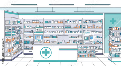 Modern Pharmacy Interior Design Featuring Shelves Packed With Medications And A Well-Stocked Counter Area For Customer Service
