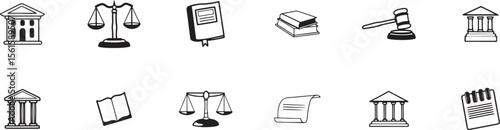Black and White Law and Justice Icons Set.