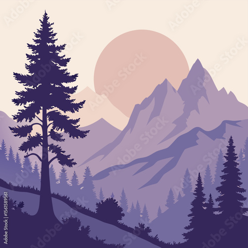 Silhouette of a tall tree against a backdrop of layered mountains and a setting sun in a serene landscape