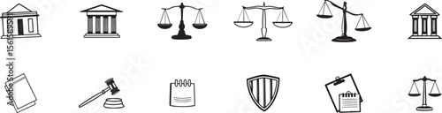 Black and White Law and Justice Icons Set.