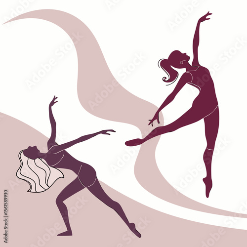 Two stylized dancers in graceful poses against an abstract background with flowing shapes and muted colors