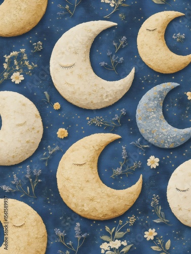 Crescent moons with closed eyes, adorned with delicate flowers, float against a dark blue, starry backdrop, evoking a peaceful and dreamy atmosphere perfect for a celestial lullaby