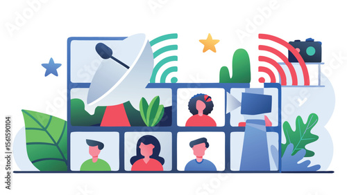 Online meeting interface with people, satellite dish, camera and other elements displayed clearly here