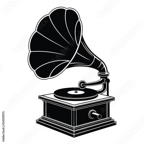 Vintage Gramophone Illustration in Black and White for Retro Music Lovers