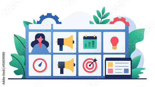 Illustration of a calendar grid with various icons representing project management tasks and planning tools