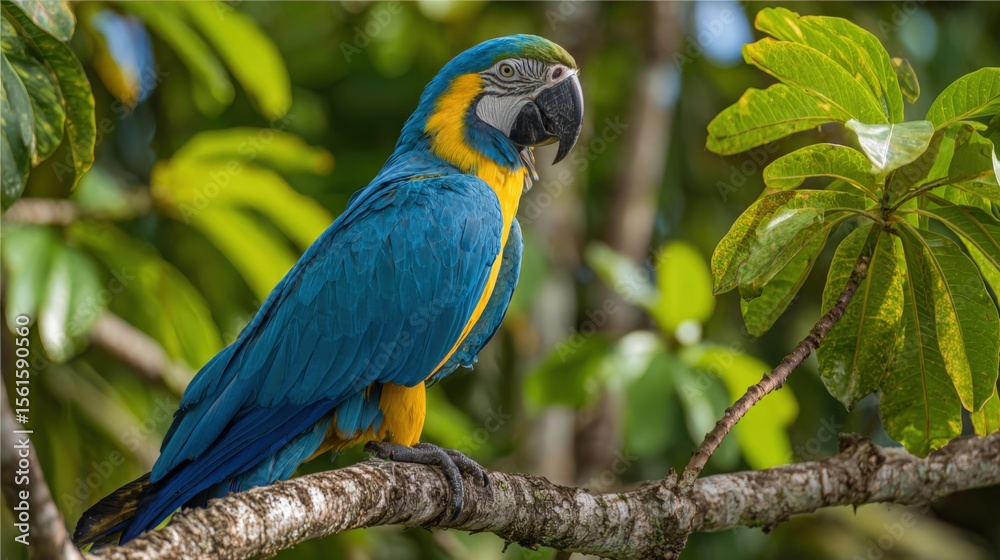 Fototapeta premium Vibrant Blue and Yellow Macaw Parrot Perched on Tree Branch in Tropical Forest.