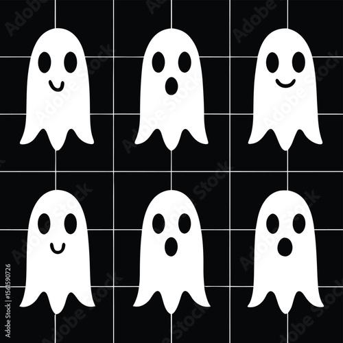 A minimalist digital illustration featuring a grid of six identical white ghost shapes against a black background with thin white grid lines. Each ghost has simple black oval eyes.