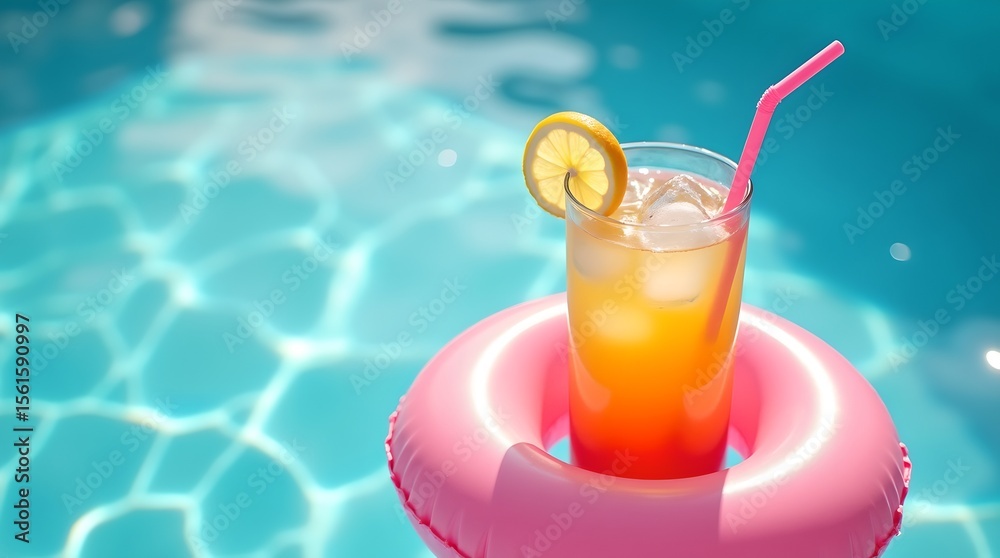 Obraz premium Refreshing Summer Cocktail in Pool: Vibrant Drink with Lemon and Pink Float, Sunny Water Relaxation