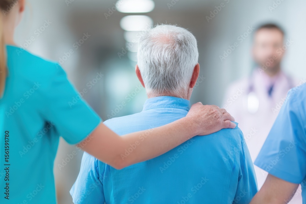 Fototapeta premium Healthcare professionals examining senior patient in hospital corridor during medical consultation.