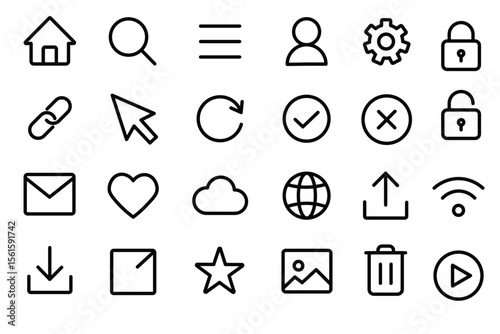 Home search menu user settings lock link cursor refresh check cancel email heart cloud globe upload wifi download square star image trash icon web