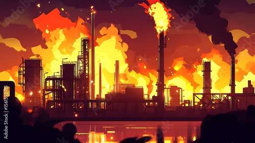 Massive fire engulfs oil refinery, sending thick smoke and flames into the sky