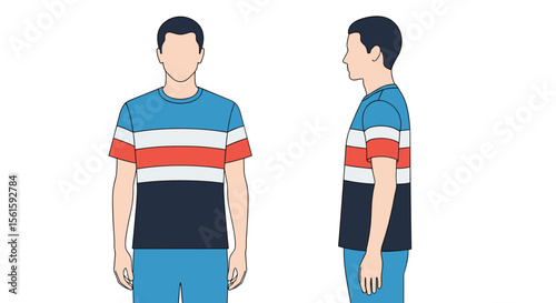 Man Wearing Casual Striped T Shirt and Blue Shorts in Front and Side Views