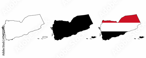 Vector set of Yemen map in three styles: outline, solid black, and filled with the national flag colors. Isolated on white background. Ideal for educational, political, or global design projects.