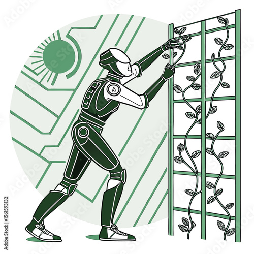 Illustration of a robot tending to climbing plants on a trellis with a sun and circuit background