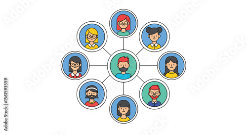 Illustration of a Central Figure Connected to a Diverse Group of People in a Network Diagram Representing Social Connections and Relationships