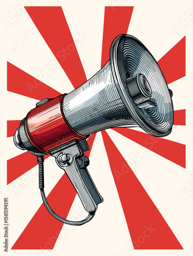 Vintage megaphone with red rays on a retro background  