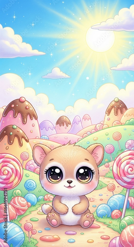 Obraz premium cute cartoon animal in wonderland world with lollipop