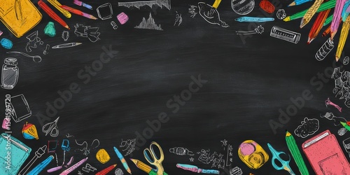 Back to school blackboard background with colorful hand drawn doodle style school supplies poster design with copyspace perfect for education banner flyer or classroom decoration
