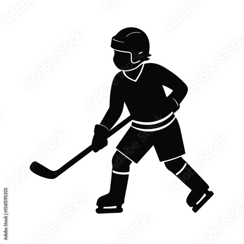 Black and white silhouette depicting an ice hockey player with stick and helmet on white background