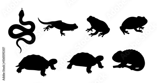 Silhouette illustration of snake lizard frog and turtle reptile animal collection set design vector art