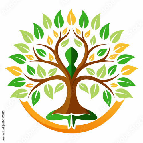 green spring tree with female face and roots on white background, vector, Abstract Human tree logo. Unique Tree Vector illustration with circle and abstract woman shape.