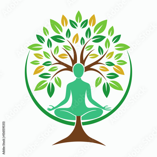 green spring tree with female face and roots on white background, vector, Abstract Human tree logo. Unique Tree Vector illustration with circle and abstract woman shape.