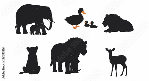 Silhouette depiction of various animals including elephants ducks lions zebras deer and a feline