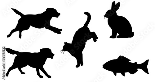Silhouette illustration showing a dog, cat, rabbit and fish animal species in black and white style
