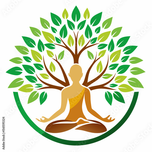 green spring tree with female face and roots on white background, vector, Abstract Human tree logo. Unique Tree Vector illustration with circle and abstract woman shape.