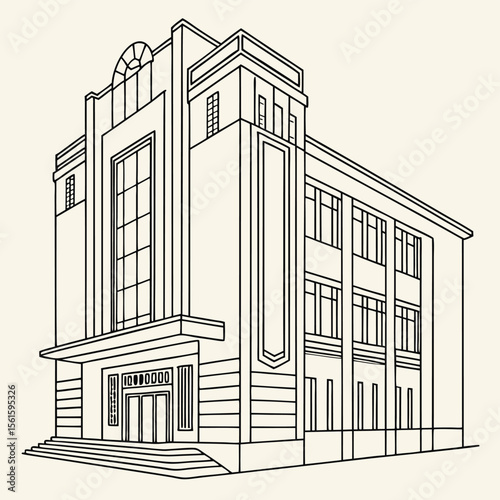 Detailed line drawing of a multi story art deco building with windows and steps on a light background