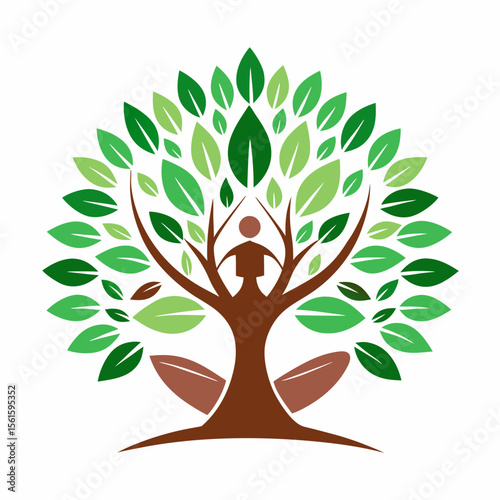 green spring tree with female face and roots on white background, vector, Abstract Human tree logo. Unique Tree Vector illustration with circle and abstract woman shape.