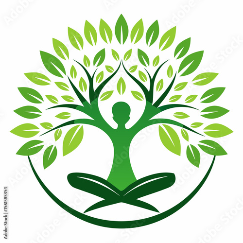 green spring tree with female face and roots on white background, vector, Abstract Human tree logo. Unique Tree Vector illustration with circle and abstract woman shape.