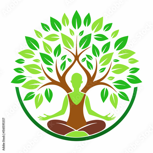 green spring tree with female face and roots on white background, vector, Abstract Human tree logo. Unique Tree Vector illustration with circle and abstract woman shape.