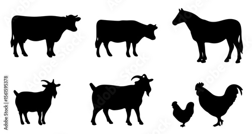 Silhouette illustration of assorted farm animals including cows horse goats and chickens depicted in black