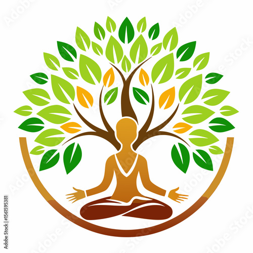 green spring tree with female face and roots on white background, vector, Abstract Human tree logo. Unique Tree Vector illustration with circle and abstract woman shape.