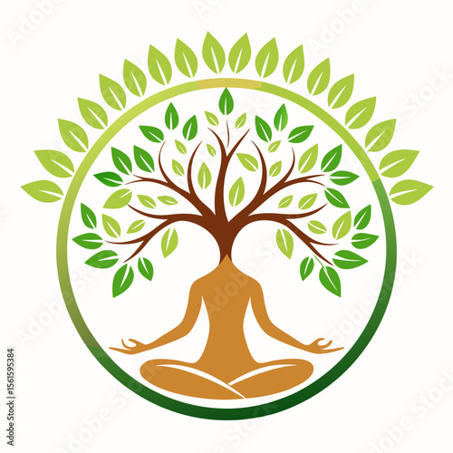 green spring tree with female face and roots on white background, vector, Abstract Human tree logo. Unique Tree Vector illustration with circle and abstract woman shape.