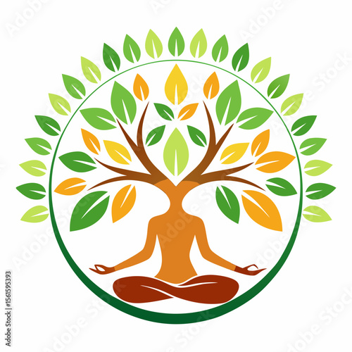green spring tree with female face and roots on white background, vector, Abstract Human tree logo. Unique Tree Vector illustration with circle and abstract woman shape.
