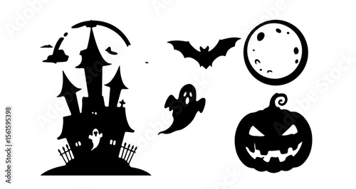 Silhouette of halloween scene with haunted house bat ghost pumpkin and moon in black and white style