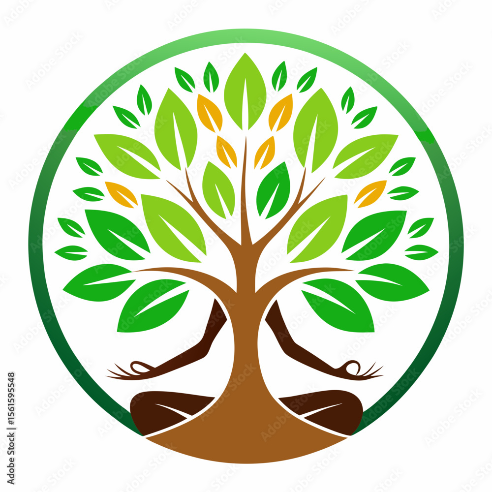 Obraz premium green spring tree with female face and roots on white background, vector, Abstract Human tree logo. Unique Tree Vector illustration with circle and abstract woman shape.