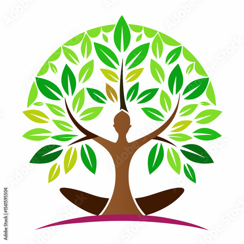 green spring tree with female face and roots on white background, vector, Abstract Human tree logo. Unique Tree Vector illustration with circle and abstract woman shape.