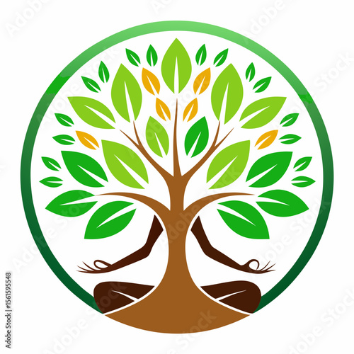 green spring tree with female face and roots on white background, vector, Abstract Human tree logo. Unique Tree Vector illustration with circle and abstract woman shape.