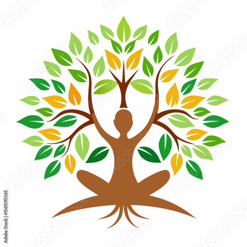 green spring tree with female face and roots on white background, vector, Abstract Human tree logo. Unique Tree Vector illustration with circle and abstract woman shape.