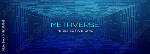 Grid background in 3D metaverse with VR space and digital line tech. Wireframe floor and tunnel create a virtual blueprint. Futuristic cube perspective in cyber architecture.