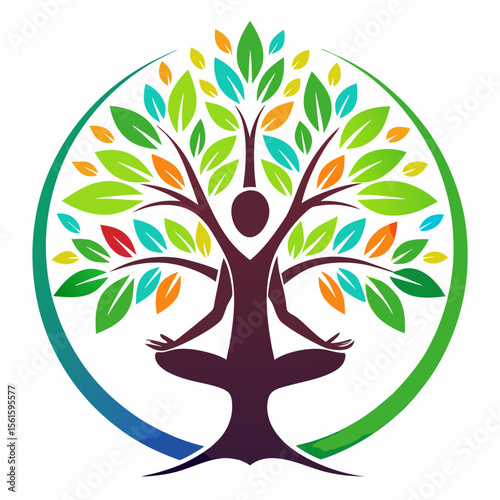 green spring tree with female face and roots on white background, vector, Abstract Human tree logo. Unique Tree Vector illustration with circle and abstract woman shape.