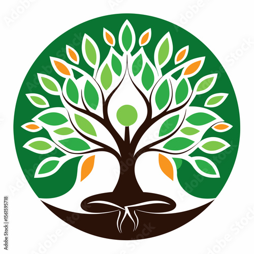 green spring tree with female face and roots on white background, vector, Abstract Human tree logo. Unique Tree Vector illustration with circle and abstract woman shape.