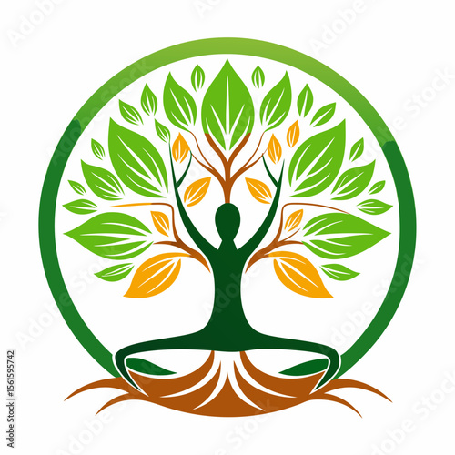 green spring tree with female face and roots on white background, vector, Abstract Human tree logo. Unique Tree Vector illustration with circle and abstract woman shape.