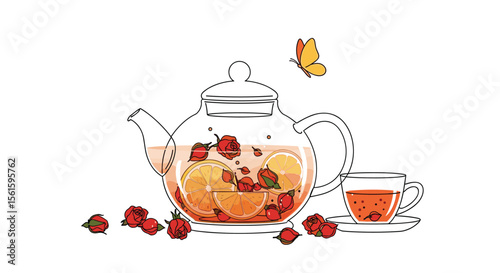 Beautifully Brewed Herbal Infusion with Fresh Fruit and a Delicate Butterfly Visiting During a Peaceful Afternoon