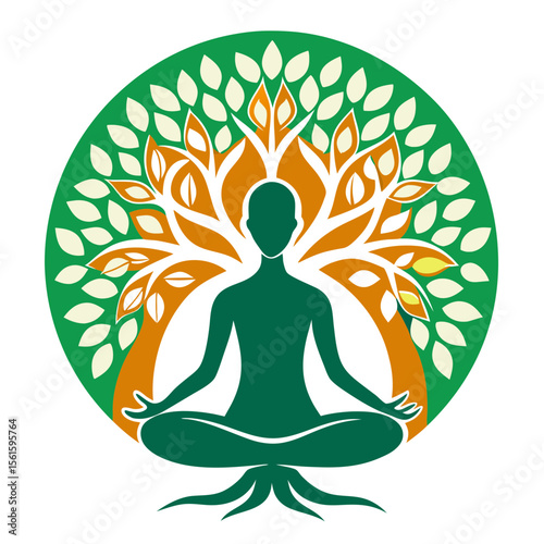 green spring tree with female face and roots on white background, vector, Abstract Human tree logo. Unique Tree Vector illustration with circle and abstract woman shape.