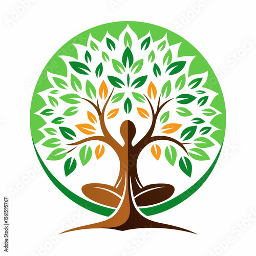 green spring tree with female face and roots on white background, vector, Abstract Human tree logo. Unique Tree Vector illustration with circle and abstract woman shape.