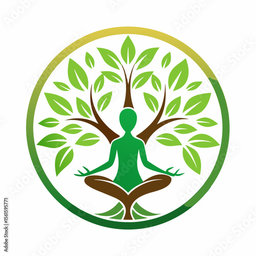 green spring tree with female face and roots on white background, vector, Abstract Human tree logo. Unique Tree Vector illustration with circle and abstract woman shape.